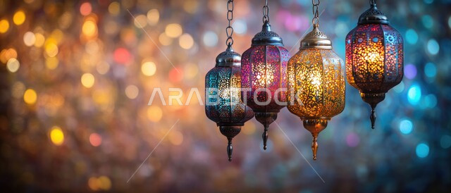 أجواء رمضانية وروحانية إسلامية، العادات والتقاليد العربية في زينة الأعياد والمناسبات الدينية، تحف وفوانيس وديكورات تقليدية للاحتفال بقدوم شهر رمضان المبارك، صورة مقربة لمجموعة من الفوانيس العربية المزخرفة المعدنية والملونة بداخلها سن مضيء