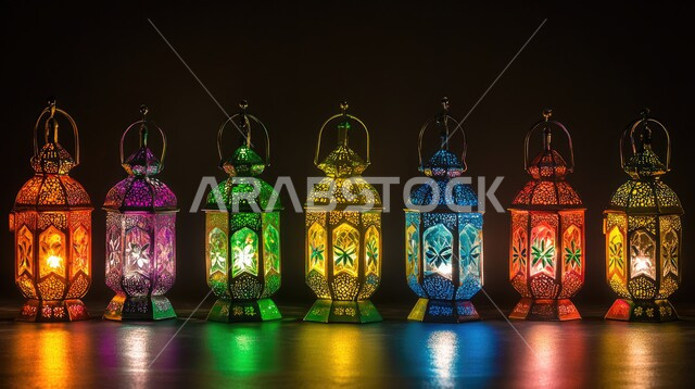أجواء رمضانية وروحانية إسلامية، العادات والتقاليد العربية في زينة الأعياد والمناسبات الدينية، تحف وفوانيس وديكورات تقليدية للاحتفال بقدوم شهر رمضان المبارك، صورة مقربة لمجموعة من الفوانيس العربية المزخرفة المعدنية والملونة بداخلها سن مضيء