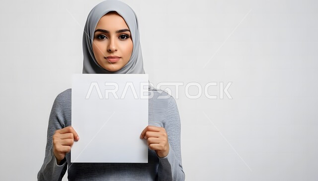 إعلانات وعروض تسويقية, موك اب مربع أبيض, استخدام لوحات توضيحية ووسائل تعليمية، بورتريه مقرب لامرأة عربية خليجية سعودية ترتدي الحجاب تمسك بيديها لوحة بيضاء فارغة, خلفية رمادية