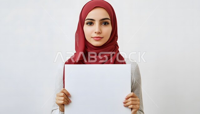 موك اب مربع أبيض, استخدام لوحات توضيحية ووسائل تعليمية ,إعلانات وعروض تسويقية، بورتريه مقرب لامرأة عربية خليجية سعودية ترتدي الحجاب تمسك بيديها لوحة بيضاء فارغة, خلفية رمادية