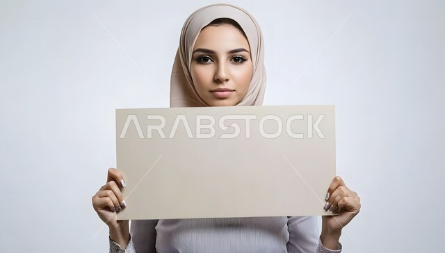 استخدام لوحات توضيحية ووسائل تعليمية ,إعلانات وعروض تسويقية، بورتريه مقرب لامرأة عربية خليجية سعودية ترتدي الحجاب تمسك بيديها لوحة بيضاء فارغة, موك اب مربع أبيض, خلفية رمادية