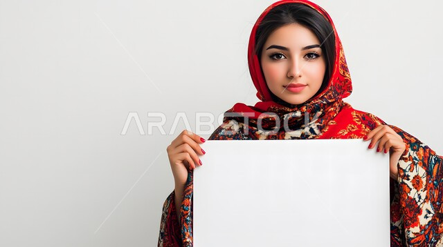 Advertisements and marketing offers, using illustrations and educational tools, close-up portrait of a Saudi Arabian Gulf woman wearing a hijab holding a blank white board in her hands, white square mockup, gray background