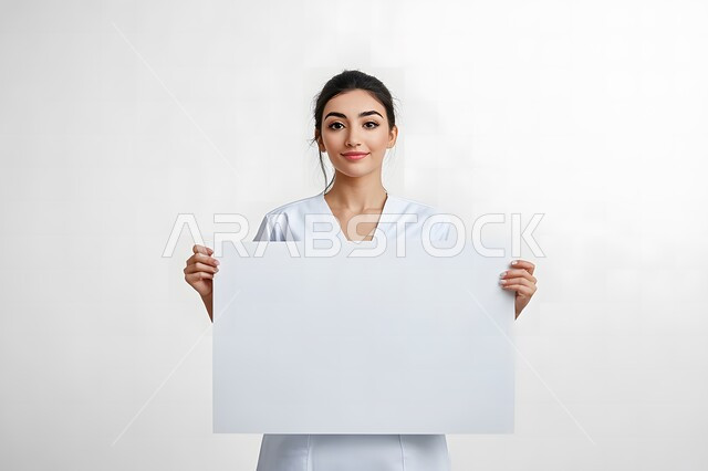 استخدام لوحات توضيحية ووسائل تعليمية, الترويج للخدمات والمنتجات الطبية, موك اب مستطيل أبيض, بورتريه لطبيبة عربية خليجية سعودية مبتسمة ترتدي المعطف الطبي و تحمل بيديها لوحة بيضاء فارغة, خلفية رمادية