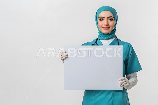 موك اب مربع أبيض, النظر إلى الكاميرا بإيماءات السعادة و السرور, الترويج للخدمات والمنتجات الطبية, استخدام لوحات توضيحية ووسائل تعليمية, بورتريه لطبيبة عربية خليجية سعودية محجبة مبتسمة ترتدي الزي الطبي و تحمل بيديها لوحة بيضاء فارغة, خلفية رمادية