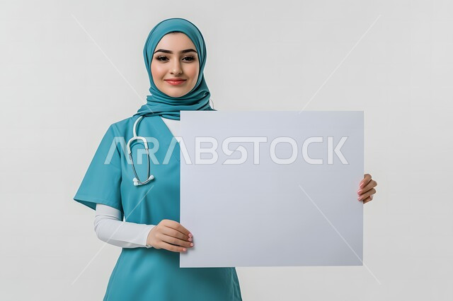 Looking at the camera with gestures of happiness and pleasure, promoting medical services and products, using explanatory panels and educational tools, white square mockup, portrait of a smiling veiled Saudi Arabian Gulf female doctor wearing medical clothing and holding an empty white board in her hands, gray background