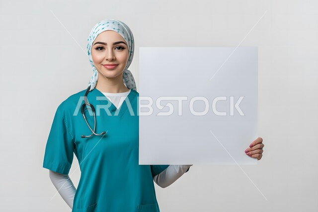 موك اب مربع أبيض, النظر إلى الكاميرا بإيماءات السعادة و السرور, الترويج للخدمات والمنتجات الطبية, استخدام لوحات توضيحية ووسائل تعليمية, بورتريه لطبيبة عربية خليجية سعودية محجبة مبتسمة ترتدي الزي الطبي و تحمل بيديها لوحة بيضاء فارغة, خلفية رمادية