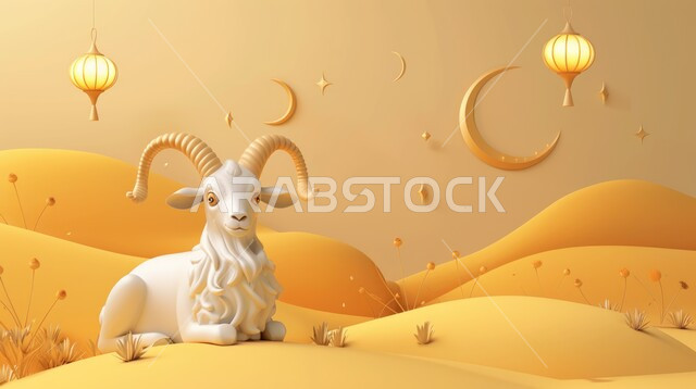 مصابيح معدنية معلقة ومضيئية، قربان وأضاحي عيد الأضحى المبارك, المناسبات والأعياد الدينية في المملكة العربية السعودية، مجسم ثلاثي الابعاد لحيوان الماعز، خلفية اسلامية