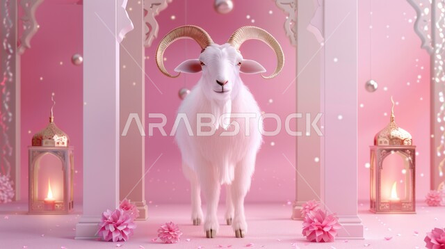 Metal lanterns with a lit candle on the ground, Eid al-Adha sacrifices and offerings, religious occasions and holidays in Saudi Arabia, 3D model of a goat, Islamic background in pink