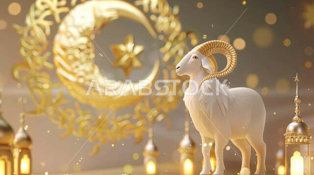 رسومات توضيحية ثلاثية الابعاد لحيوان الماعز، زينة وفوانيس مضاءة بمناسبة العيد، أضحية وقربان عيد الاضحى المبارك في المملكة العربية السعودية، خلفية اسلامية