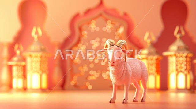 قربان وأضاحي عيد الأضحى المبارك, المناسبات والأعياد الدينية في المملكة العربية السعودية، مجسم ثلاثي الابعاد لحيوان الماعز، فوانيس معدنية مع شمعة مضيئة، خلفية إسلامية
