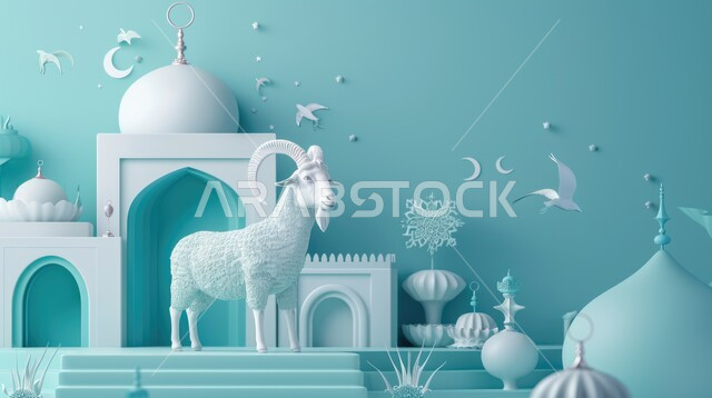 مفهوم المناسبات والأعياد الدينية في المملكة العربية السعودية، رسومات توضيحية ثلاثية الابعاد لحيوان الماعز، أضحية وقربان عيد الاضحى المبارك، خلفية اسلامية