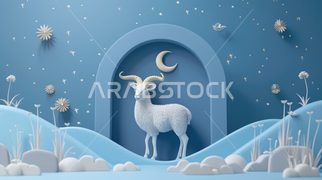قربان وأضاحي عيد الأضحى المبارك, المناسبات والأعياد الدينية في المملكة العربية السعودية، مجسم ثلاثي الابعاد لحيوان الماعز الأليف، خلفية اسلامية باللون الأزرق