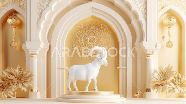 مفهوم المناسبات والأعياد الدينية في المملكة العربية السعودية، رسومات توضيحية ثلاثية الابعاد لحيوان الماعز، أضحية وقربان عيد الاضحى المبارك، خلفية اسلامية