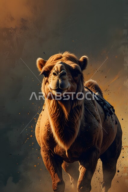 حيوان الابل يسير في احدى المناطق الصحراوية في المملكة العربية السعودية ، استخدام الحيوانات للتنقل ، مفهوم تربية الناقة في البادية ،