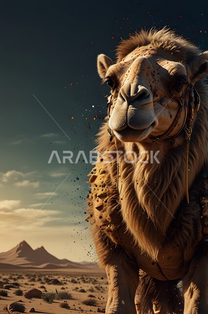 جمل اشقر بني اللون على خلفية صحراوية ، مفهوم تربية الناقة في البادية ، استخدام حيوانات للتنقل 