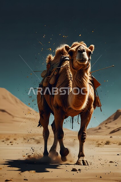 ابل اشقر بني اللون على خلفية صحراوية ، مفهوم تربية الناقة في البادية ، استخدام حيوانات للتنقل 