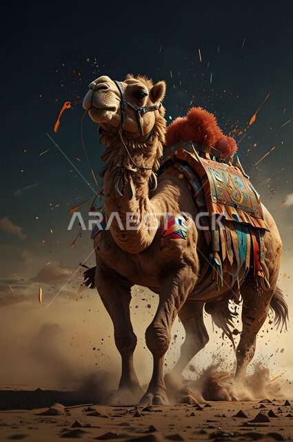 خلفية لحيوان الابل وقت المساء ، استخدام الحيوانات للتنقل ، مفهوم تربية الناقة في البادية