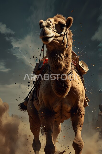 حيوان الابل يسير في احدى المناطق الصحراوية في المملكة العربية السعودية ، استخدام الحيوانات للتنقل ، مفهوم تربية الناقة في البادية