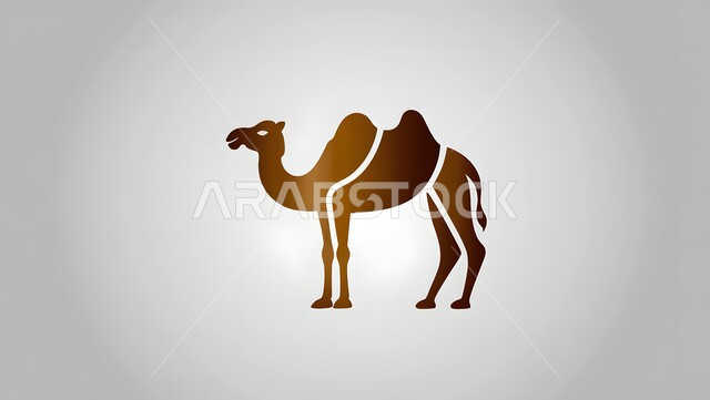 رسوم توضيحية للابل باللون البني ، استخدام الحيوانات للتنقل من مكان لآخر ، شعار لجمل الذي يرمز للصحراء في المملكة العربية السعودية ، خلفية رمادية