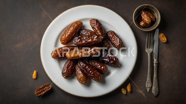 وجبة ذات قيمة غذائية عالية، ثمار ومحاصيل زراعية محلية وطنية، أنواع التمور الفاخرة في السعودية، ضيافة تقليدية لذيذة  في المناسبات والأعياد الإسلامية، صورة مقربة لطبق مليء بحبات التمر الصحي من أشجار نخيل المملكة