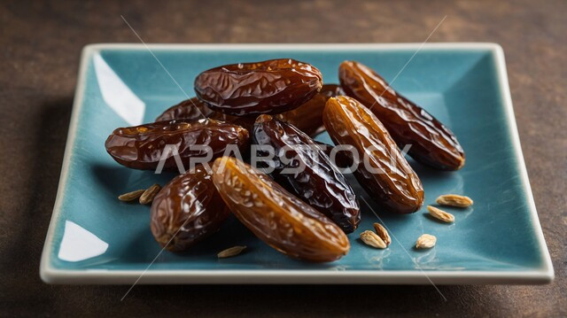 ثمار ومحاصيل زراعية محلية وطنية، أنواع التمور الفاخرة في السعودية، ضيافة تقليدية لذيذة  في المناسبات والأعياد الإسلامية، صورة مقربة لطبق مليء بحبات التمر الصحي من أشجار نخيل المملكة، وجبة ذات قيمة غذائية عالية