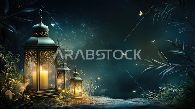 فوانيس معدنية تقليدية مضاءة ،الأجواء الروحانية الرمضانية ،الاحتفال بالمناسبات والأعياد الدينية الإسلامية ،البهجة بقدوم شهر الخير ،ديكورات وزينة رمضان المبارك