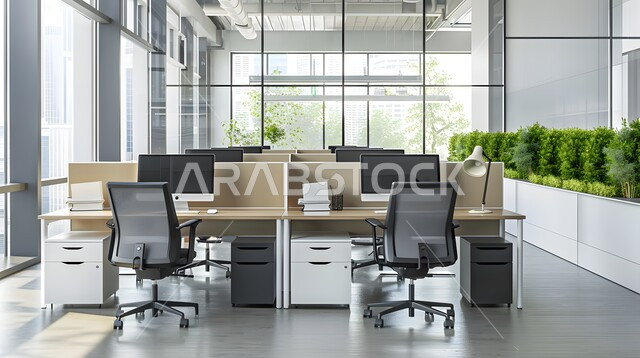 مجسمات وتصاميم لمكتب عمل حديث متطور، غرف مكتبية بتصاميم داخلية وديكورات راقية، تصميم عصري حديث لمكاتب الشركات في المملكة العربية السعودية، غرفة الأعمال الواسعة المجهزة بالمعدات والادوات