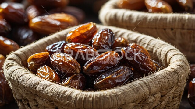 وجبة ذات قيمة غذائية عالية، صورة مقربة لسلل مصنوعة من القش مليئة بحبات التمر الصحي من أشجار نخيل المملكة، ثمار ومحاصيل زراعية محلية وطنية، أسواق شعبية تقليدية لبيع الرطب، أنواع التمور الفاخرة في السعودية، ضيافة لذيذة في المناسبات والأعياد الإسلامية