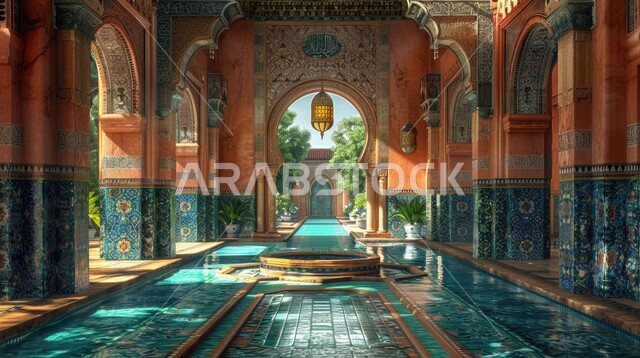 مفهوم العبادة والتقرب إلى الله تعالى ,الفن الهندسي المعماري لمسجد عربي عريق، النقوش والزخارف للاعمدة والاقواس على الطراز الاسلامي، التصاميم والديكورات الداخلية الأنيقة للمساجد