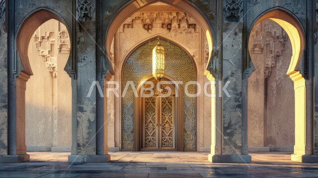 Architectural art for mosques in the Kingdom of Saudi Arabia, sacred religious places, the concept of worship and closer to God, religious designs and decorations, Islamic motifs and inscriptions of arches and interior columns of mosques