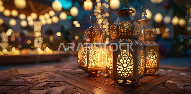 العادات والتقاليد العربية، فوانيس وتحف وديكورات تقليدية للاحتفال بقدوم شهر رمضان المبارك، مصابيح عربية معدنية مزخرفة مضيئة، زينة الأعياد والمناسبات الدينية، أجواء رمضانية وروحانية إسلامية
