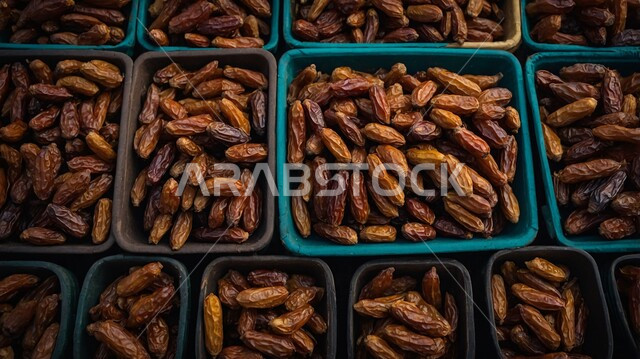 أنواع التمور الفاخرة في السعودية، ضيافة لذيذة في المناسبات والأعياد الإسلامية، وجبة ذات قيمة غذائية عالية، صورة مقربة لأطباق ملونة مليئة بحبات التمر الصحي من أشجار نخيل المملكة، ثمار ومحاصيل زراعية محلية وطنية، أسواق شعبية تقليدية لبيع الرطب