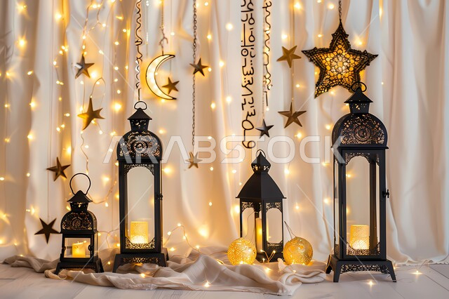 Ramadan atmosphere and Islamic spirituality, Arab customs and traditions, lanterns, antiques and traditional decorations to celebrate the coming of the holy month of Ramadan, Arabic decorative metal lamps illuminated, decorations for holidays and religious occasions