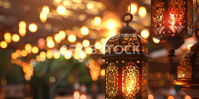 Holiday and religious decorations, Ramadan atmosphere and Islamic spirituality, Arab customs and traditions, lanterns, antiques and traditional decorations to celebrate the coming of the holy month of Ramadan, Arabic decorative metal lamps with lights