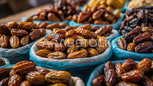مصدر طبيعي للسكريات، ضيافة لذيذة في المناسبات والأعياد الإسلامية، وجبة ذات قيمة غذائية عالية، صورة مقربة لأأكياس مليئة بحبات التمر الصحي من أشجار نخيل المملكة، ثمار ومحاصيل زراعية محلية وطنية، أسواق شعبية تقليدية لبيع الرطب، أنواع التمور الفاخرة في السعودية