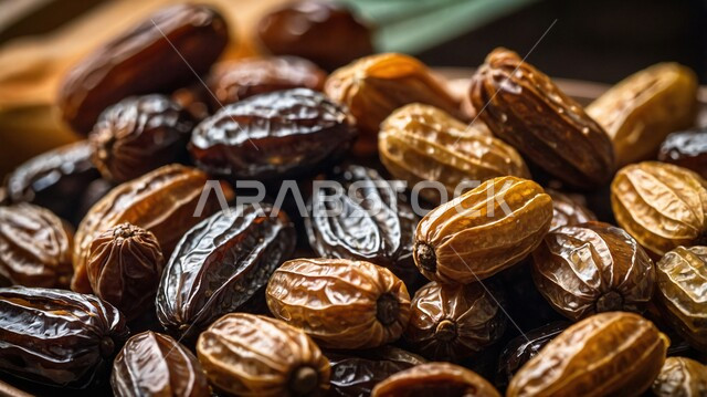 مصدر طبيعي للسكريات، ضيافة لذيذة في المناسبات والأعياد الإسلامية، وجبة ذات قيمة غذائية عالية، صورة مقربة لحبات التمر المجفف الصحي من أشجار نخيل المملكة، ثمار ومحاصيل زراعية محلية وطنية، أنواع التمور الفاخرة في السعودية
