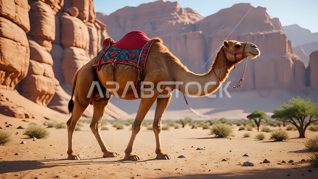 Natural reserves for raising and caring for camels, rock formations and formations, hills and sand dunes, caring for mammals, livestock and camels in the deserts of the Kingdom of Saudi Arabia, a purebred Arabian camel in desert areas, the concept of authenticity and antiquity