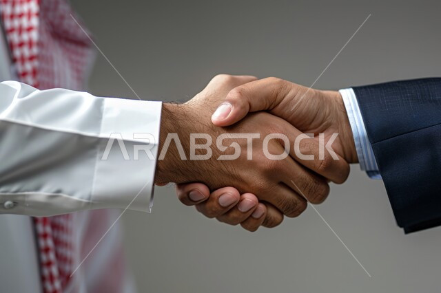 الشراكة في الأعمال والمشاريع، صداقات وتعارف وبناء علاقات اجتماعية، عقد صفقات عمل جديدة ناجحة بين رجال الأعمال، صورة مقربة ليدين رجلان سعوديان يقومان بمصافحة بعضهما، توسيع مجالات العمل، خلفية رمادية