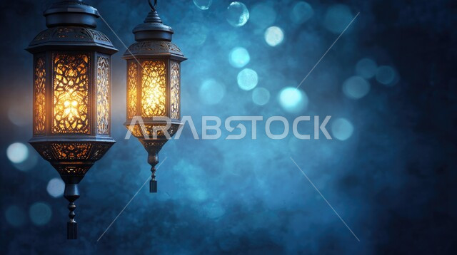 ديكورات وزينة رمضان المبارك ،البهجة بقدوم شهر الخير ،الاحتفال بالمناسبات والأعياد الدينية الإسلامية ،فوانيس معدنية تقليدية مزخرفة مضاءة ،الأجواء الروحية الرمضانية