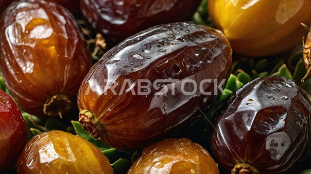 A meal with high nutritional value, a close-up of healthy dates from the Kingdom's palm trees, local and national agricultural fruits and crops, types of luxurious dates in Saudi Arabia, a natural source of sugars, a delicious hospitality on Islamic occasions and holidays