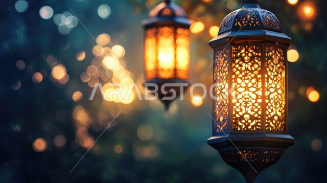 ديكورات وزينة رمضان المبارك ،البهجة بقدوم شهر الخير ،الاحتفال بالمناسبات والأعياد الدينية الإسلامية ،فوانيس معدنية تقليدية مزخرفة مضاءة ،الأجواء الروحية الرمضانية ،
