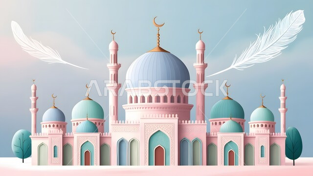 الفن الهندسي المعماري في على الطراز الاسلامي للقبب والماّذن باللون الازرق ، مفهوم العبادة والتقرب من الله ، رسوم توضيحية ثلاثية الأبعاد لمسجد إسلامي ، اماكن العبادة والصلاة