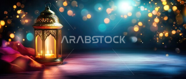 السرور والبهجة بقدوم شهر الخير  ،زينة وديكورات على الطراز العربي الإسلامي  للاعياد والمناسبات الدينية ,مفهوم العبادة والطاعة والتقرب إلى الله ،الفوانيس العربية المزخرفة المضيئة  ،اضاءة وزينة شهر رمضان المبارك  ، الأجواء الرمضانية الروحانية ،خلفية ملونة