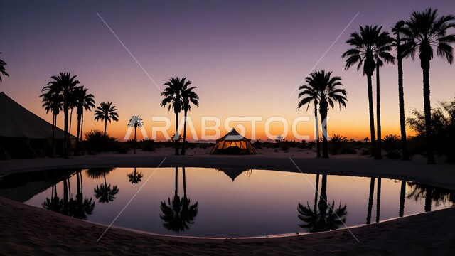 انعكاس صورة أشجار النخيل على مياه البحيرة, منظر غروب الشمس على إحدى واحات المملكة العربية السعودية, خلفية الطبيعة, مناطق التخييم الطبيعية السياحية الهادئة
