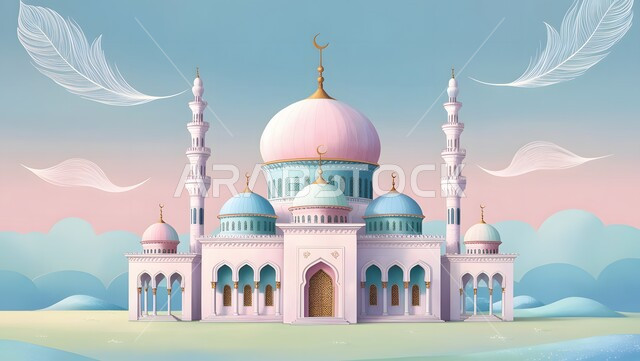 Places of worship, prayer and reverence, architectural art in the Kingdom of Saudi Arabia in the Islamic style of domes and minarets in blue, 3D illustrations of an Islamic mosque, the concept of worship and getting closer to God