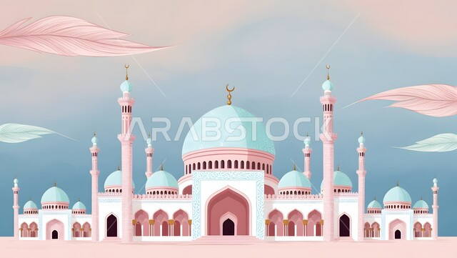 مفهوم العبادة والتقرب من الله ، اماكن العبادة فيوالصلاة والخشوع ، الفن الهندسي المعماري على الطراز الاسلامي للقبب والماّذن باللون الازرق  ،رسوم توضيحية ثلاثية الأبعاد لمسجد إسلامي في المملكة العربية السعودية