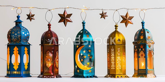 تحف تقليدية للاحتفال بقدوم شهر الخير، استقبال رمضان المبارك, ديكورات وأنوار وزينة المناسبات الدينية الإسلامية ,الأجواء الرمضانية الروحانية, فوانيس عربية معدنية مزخرفة, خلفية رمادية