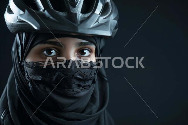 فعاليات وسباقات الدراجات، أنشطة بدنية متنوعة، بورتريه مقرب لشابة عربية خليجية سعودية ملثمة ترتدي حجاب أسود وخوذة الحماية الخاصة بركوب الدراجة الهوائية، المحافظة على الصحة واللياقة الجسدية، خلفية سوداء