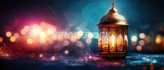 السرور والبهجة بقدوم شهر الخير  ،زينة وديكورات على الطراز العربي الإسلامي  للأعياد والمناسبات الدينية ,مفهوم العبادة والطاعة والتقرب إلى الله ،الفوانيس العربية المزخرفة المضيئة ،اضاءة وزينة شهر رمضان المبارك  ، الأجواء الرمضانية الروحانية ،خلفية ملونة