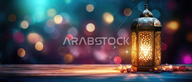 السرور والبهجة بقدوم شهر الخير  ،زينة وديكورات على الطراز العربي الإسلامي  للأعياد والمناسبات الدينية ,مفهوم العبادة والطاعة والتقرب إلى الله ،الفوانيس العربية المزخرفة المضيئة ،اضاءة وزينة شهر رمضان المبارك  ، الأجواء الرمضانية الروحانية ،خلفية ملونة